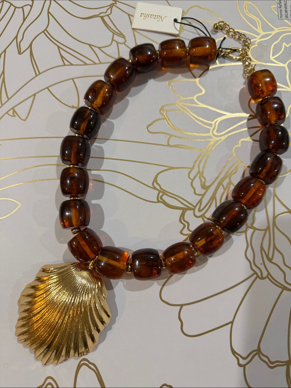 Natasha Couture Statement Amber Chunky Bead Necklace with Gold Shell Pendant NWT
